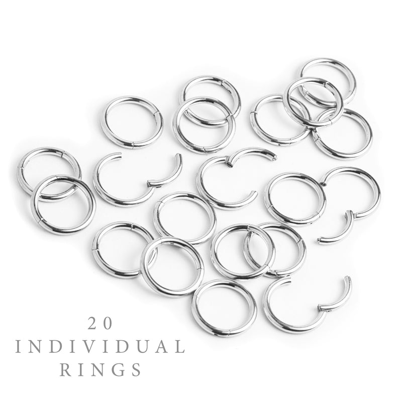 Set d'anneaux pour oreilles étirées, argent, titane, grand - 20 anneaux