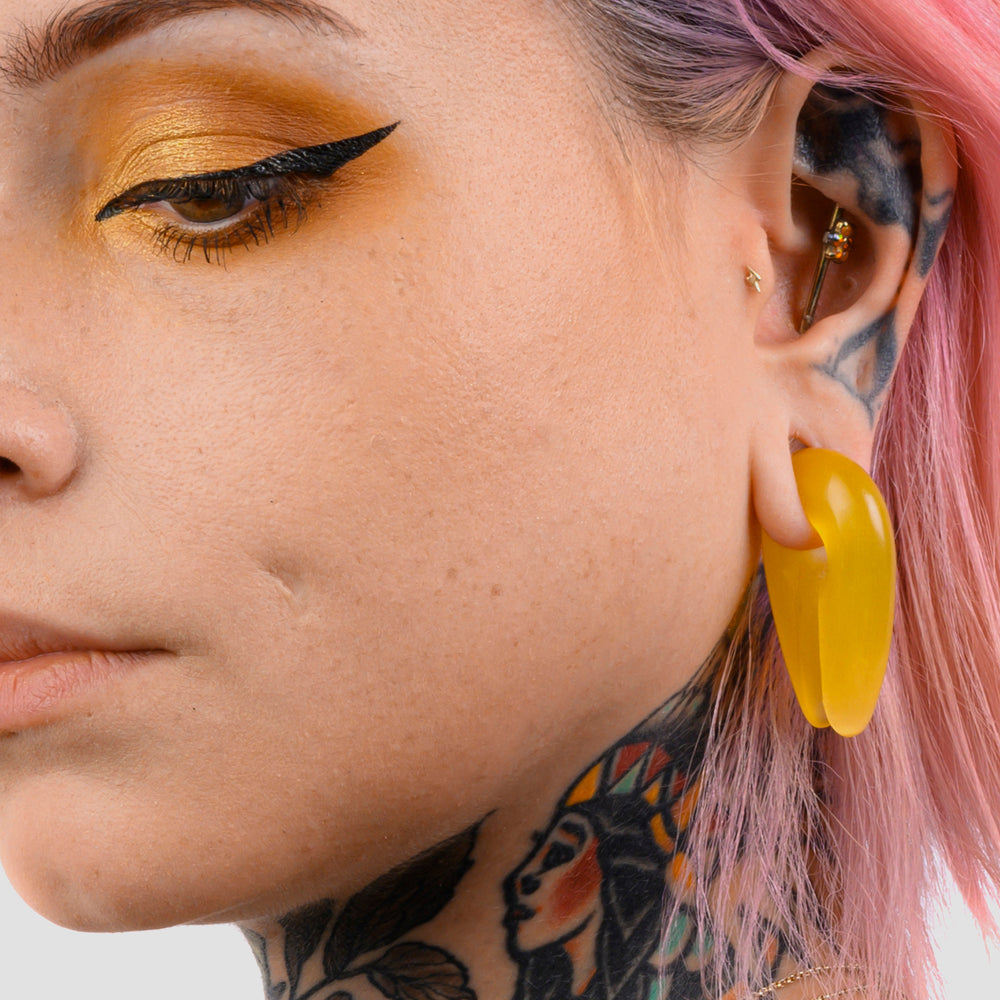 Yellow Glass - Pincer Keyhole Ear Weights (Pair) - Pair of Glass Ear Weights