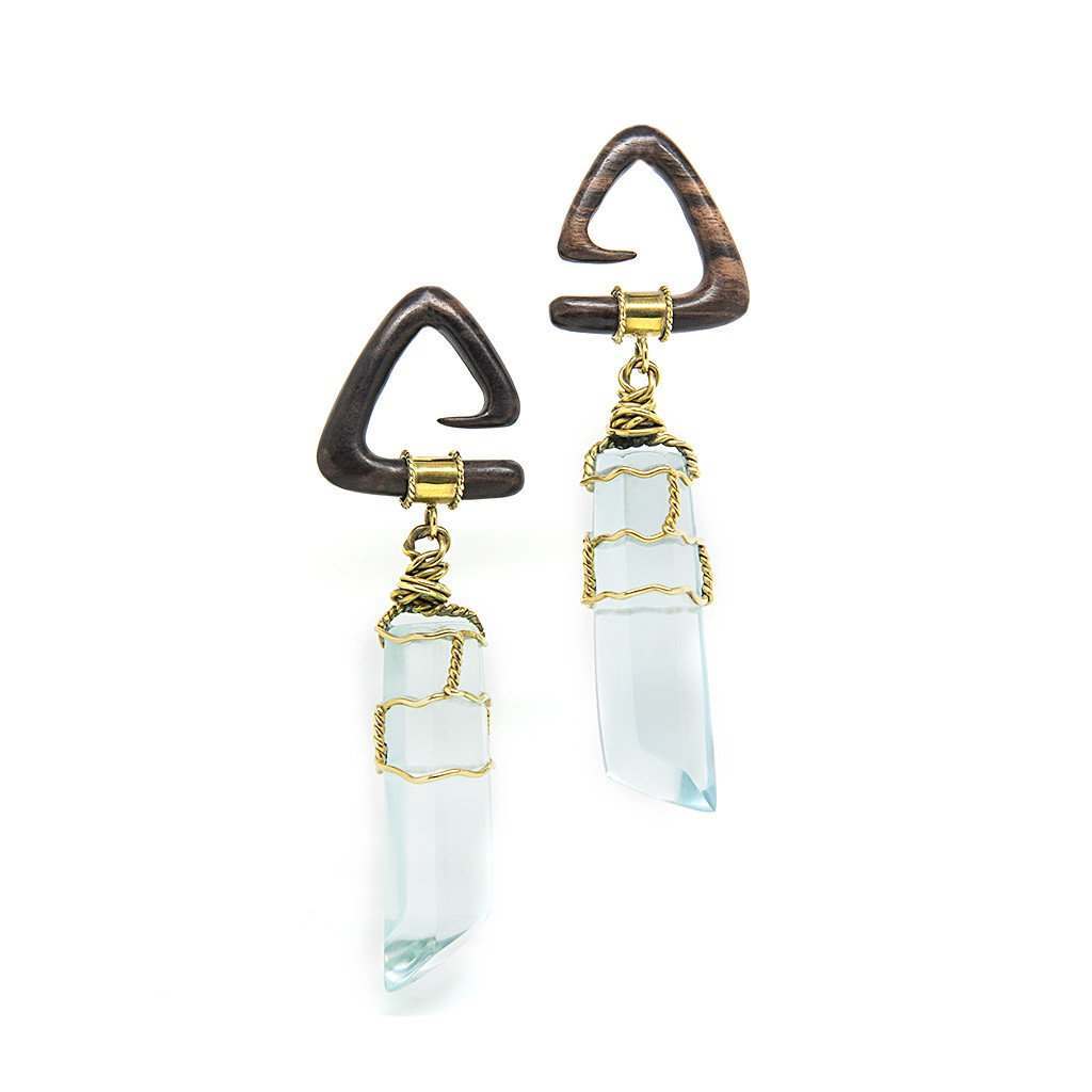 Aqua Wood & Glass Prism Ear Weights - Pair