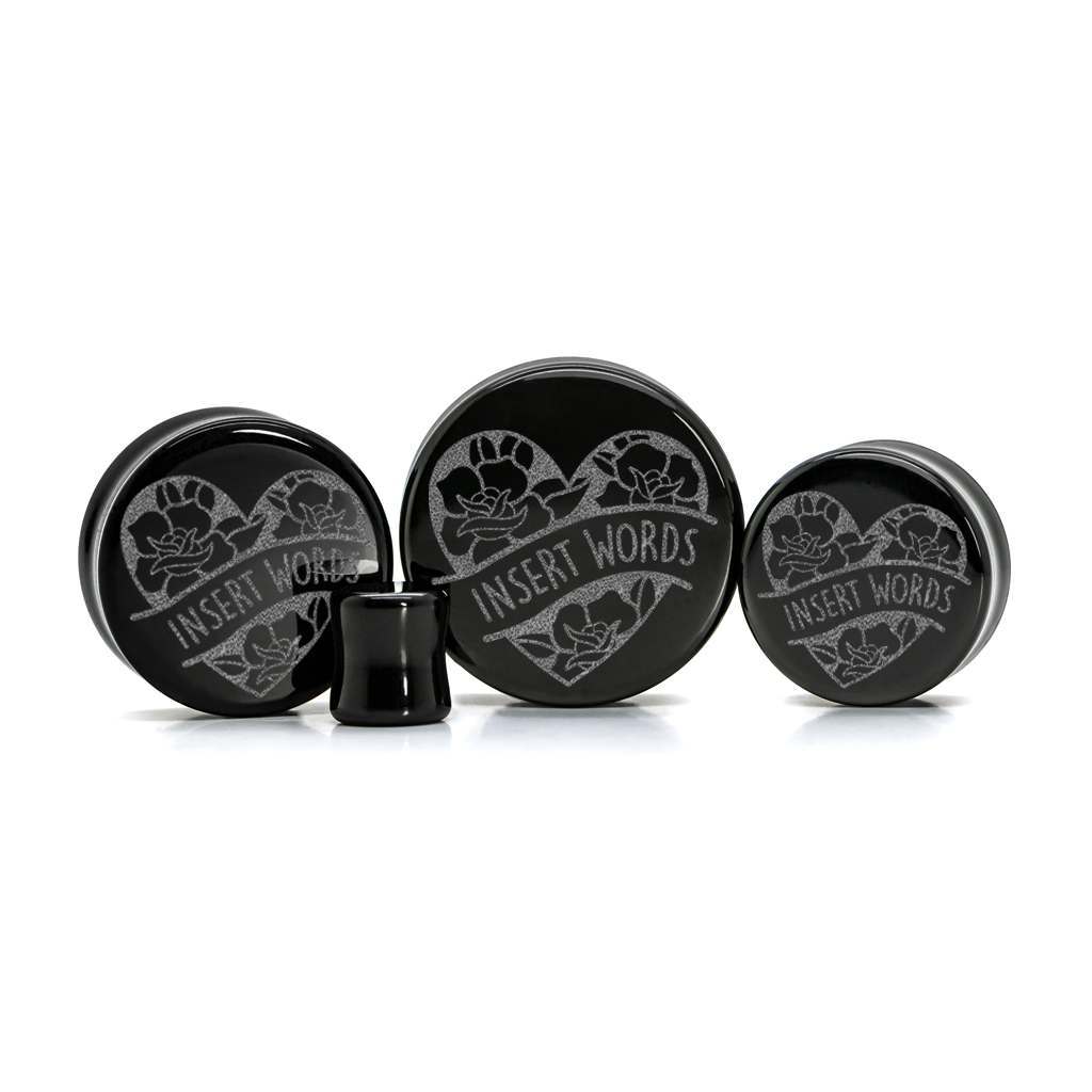 Heart Rose Insert Words Plug / Gauge - Black Glass | Flat Faced Double ...