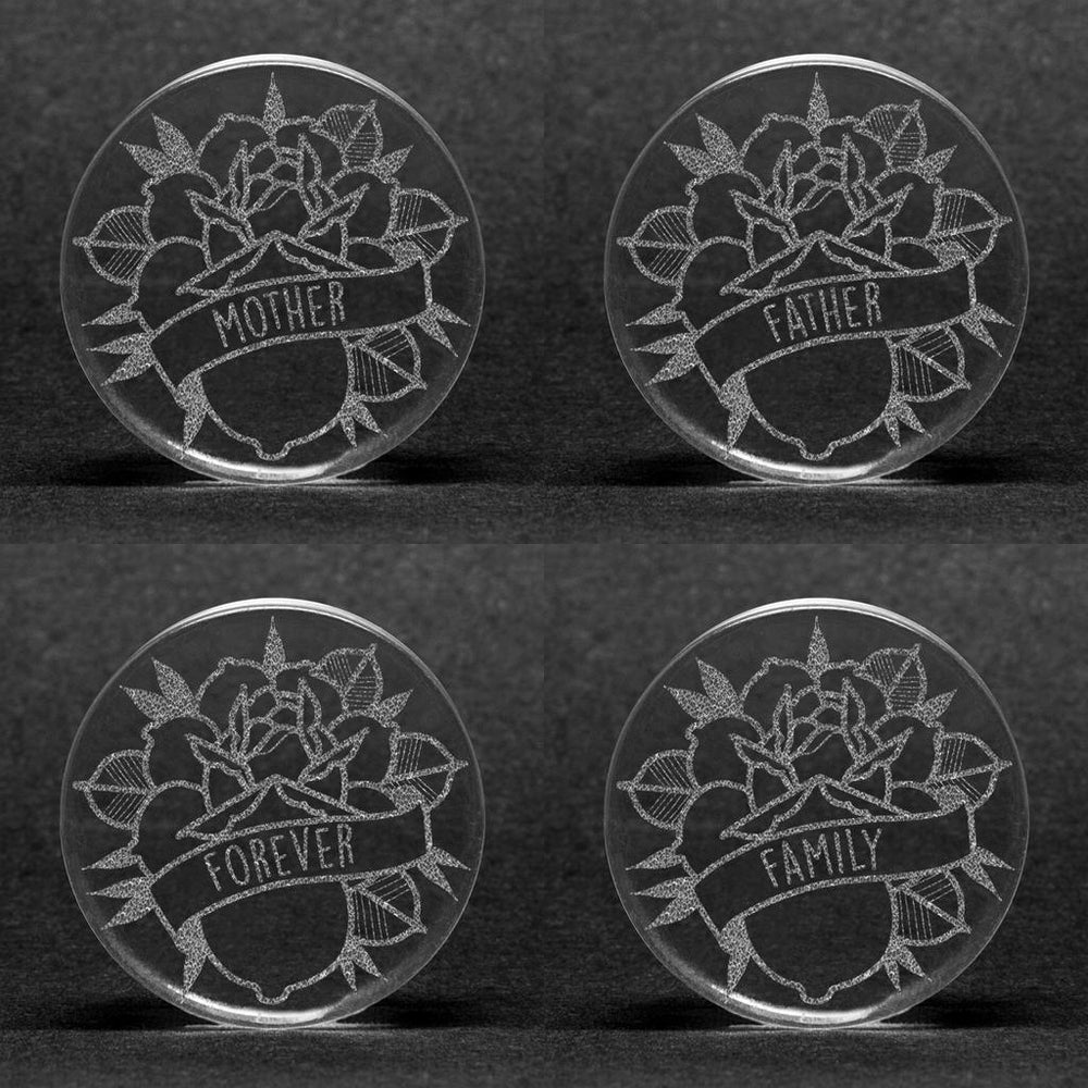 Banner Rose Insert Words Plug / Gauge - Clear Glass | Flat Faced Double Flare - Lasered To Order In House At Custom Plugs HQ