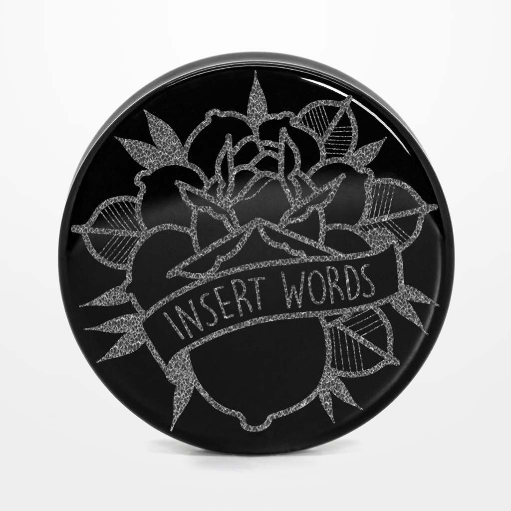 Banner Rose Insert Words Plug / Gauge - Black Glass | Flat Faced Double Flare