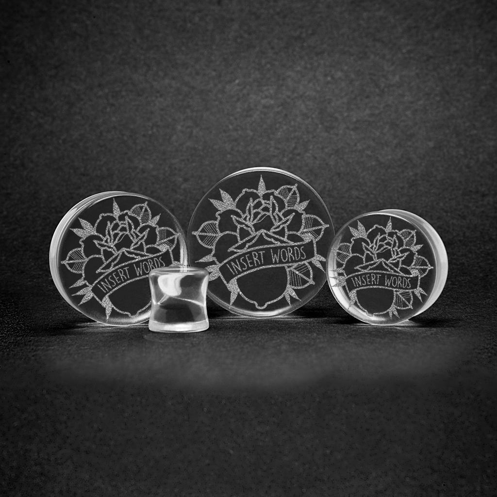 Banner Rose Insert Words Plug / Gauge - Clear Glass | Flat Faced Double Flare