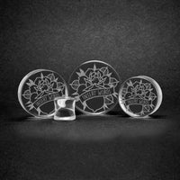 Banner Rose Insert Words Plug / Gauge - Clear Glass | Flat Faced Double Flare - Lasered To Order In House At Custom Plugs HQ