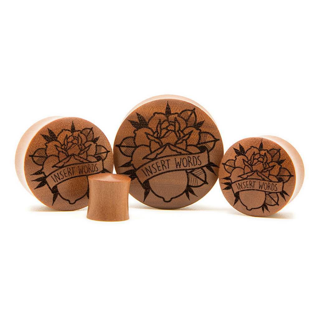 Banner Rose Insert Words Plug / Gauge - Saba Wood | Convex Double Flare