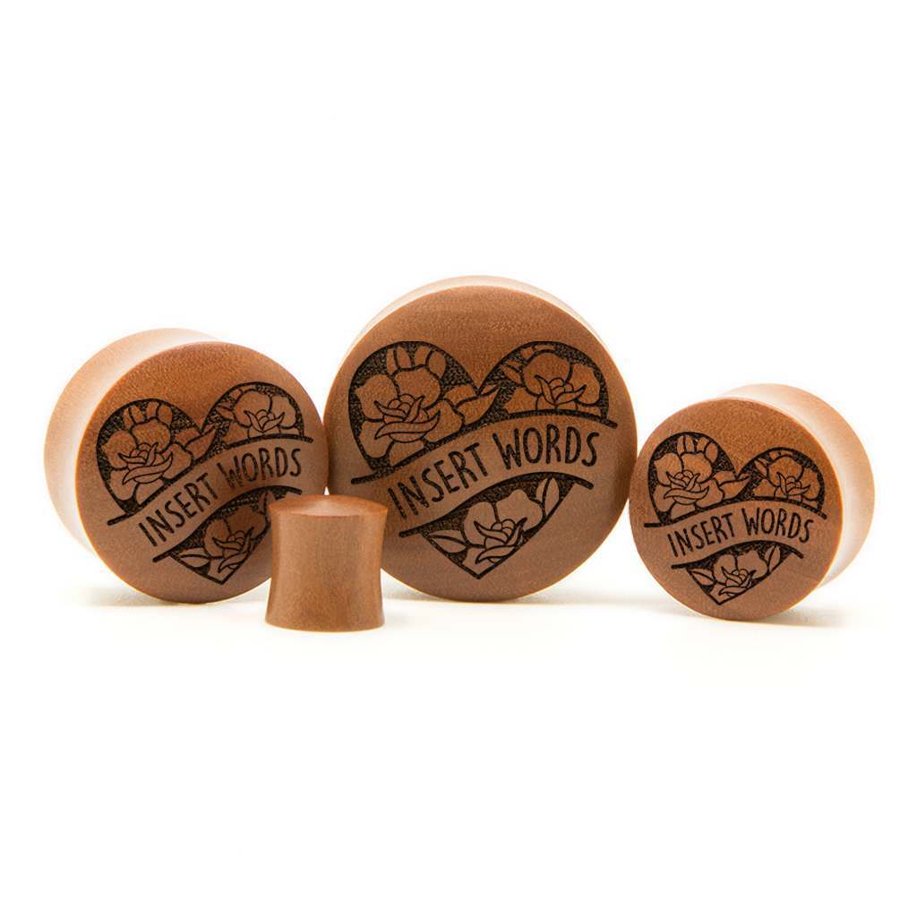 Heart Rose Insert Words Plug / Gauge - Saba Wood | Convex Double Flare