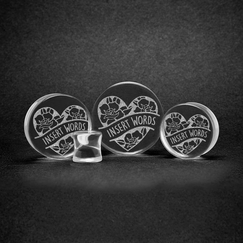 Heart Rose Insert Wörter Plug / gauge - klares Glas | Doppelaufgeweitet mit flachem Gesicht
