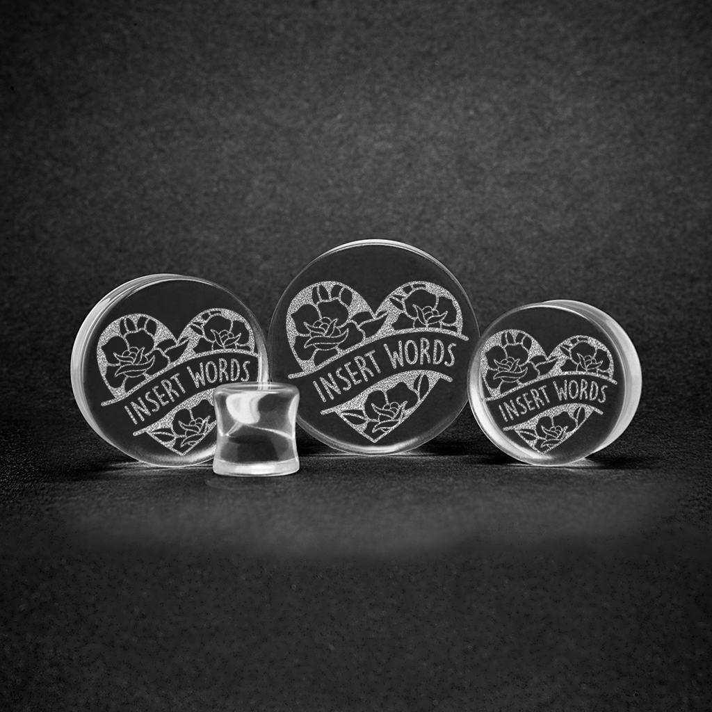 Heart Rose Insert Words Plug / Gauge - Clear Glass | Flat Faced Double ...