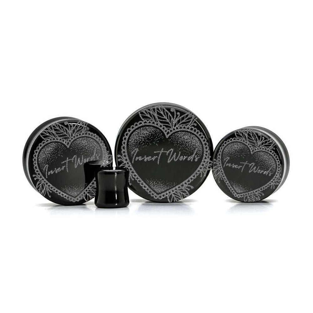 Tribute Insert Words Plug / Gauge - Black Glass | Flat Faced Double Flare - Lasered To Order In House At Custom Plugs HQ
